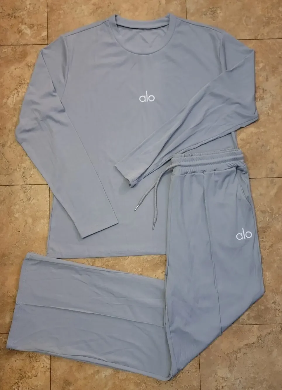 Alo Yoga L Gray 2pc Long Sleeve Drawstring Pant Knit Lounge Athleisure Set New
